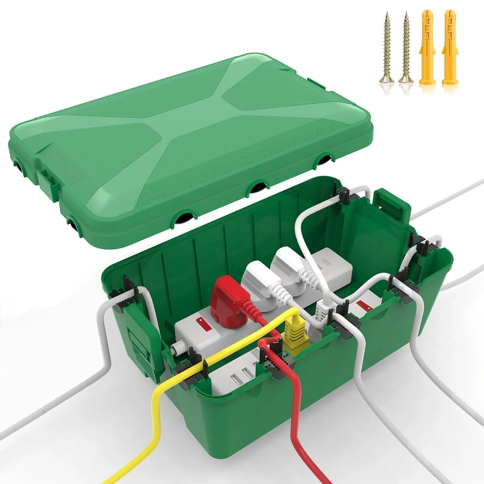 Large Outdoor Waterproof Electrical Box(12.6 x 8.3 x 5.2 inch), IP54 Weatherproof Extension Cord Cover with 7 Cable Seal Entry, Protect Power Strip, Timer Outlet Plug, Holiday Light Decoration, Green