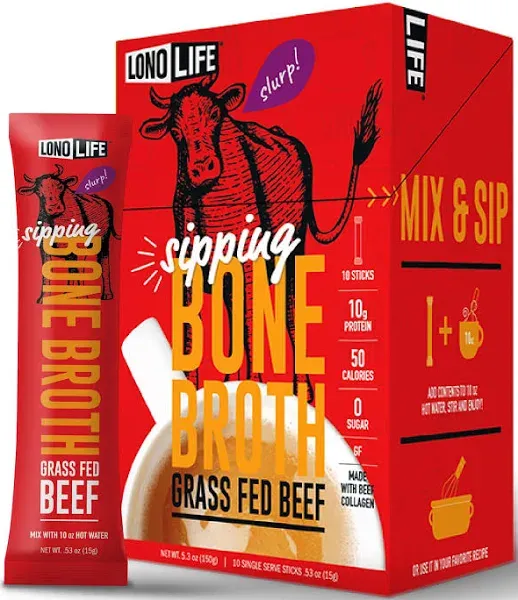 LonoLife Grass Fed Beef Bone Broth 10 Grams Protein, 10 Stick Packs