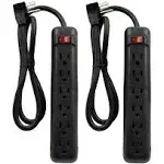 Clear Power 2-Pack 6 Outlet Power Strip, 3 ft Power Cord, Low-Profile Flat Plug, 3-Prong Grounded, Black, 15 Amp Circuit Breaker, DC3S-00232P-DC