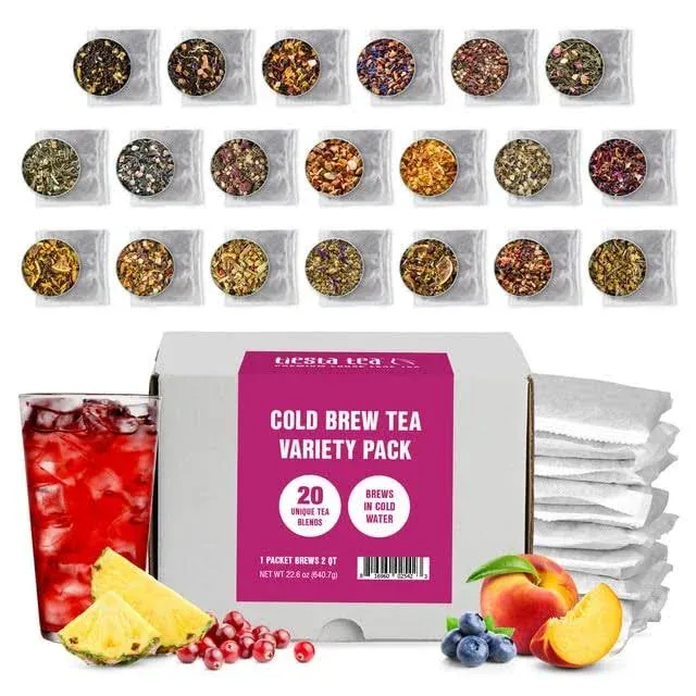 Tiesta Tea - 20 Pack Cold Brew Variety Tea - Premium Loose Leaf Tea Blend - High to Non Caffeinated Iced Tea - Assorted Tea Sample Set - Cold Brew Tea Packets - Brews 64oz Pitcher Per Bag (Pack of 20)