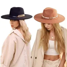 2 Pack Wide Brim Fedora Hats for Women  Classic Belt Buckle Felt Panama Hat 4-6