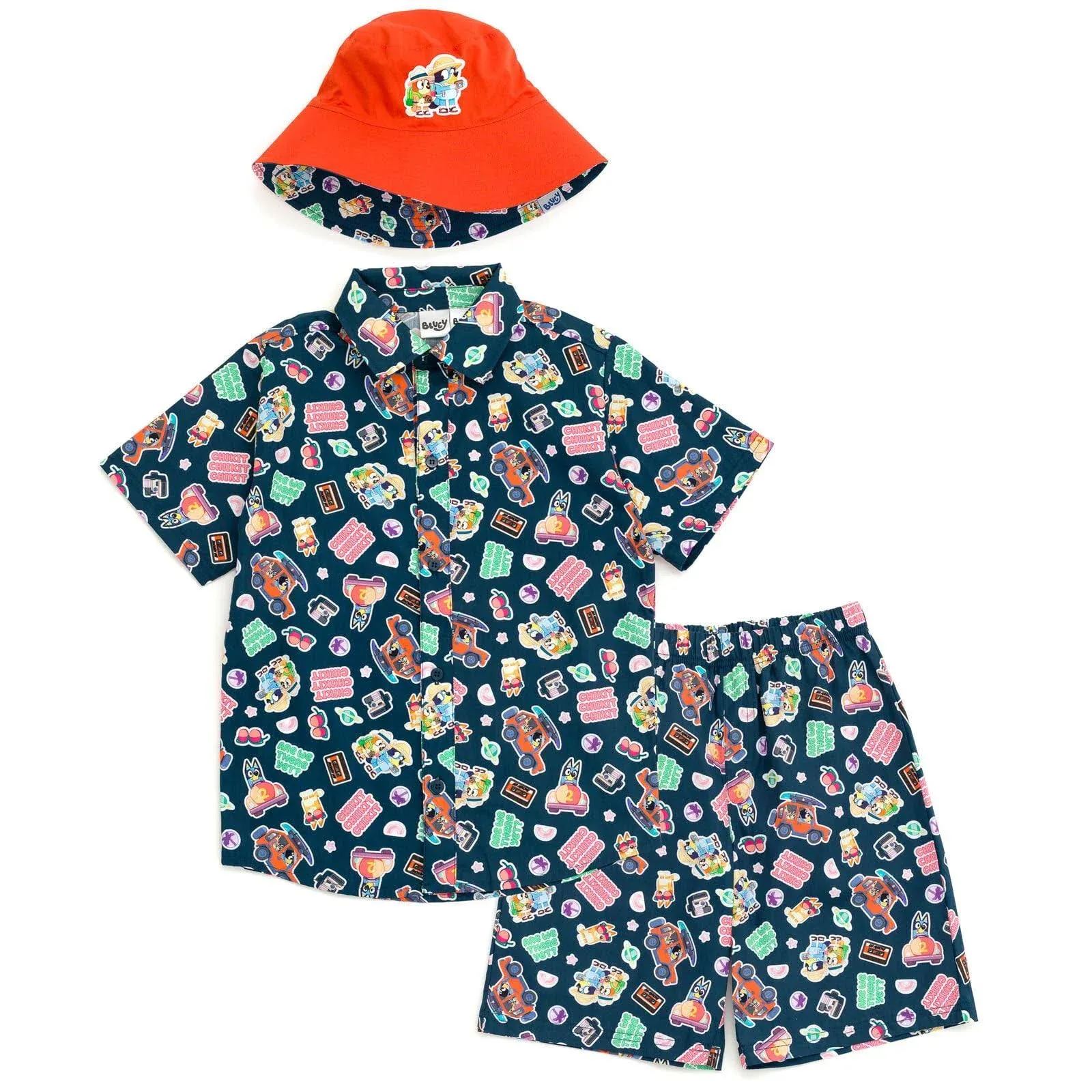 Bluey Bingo Button Down Shirt Shorts and Bucket Sun Hat 3 Piece Outfit Set ...