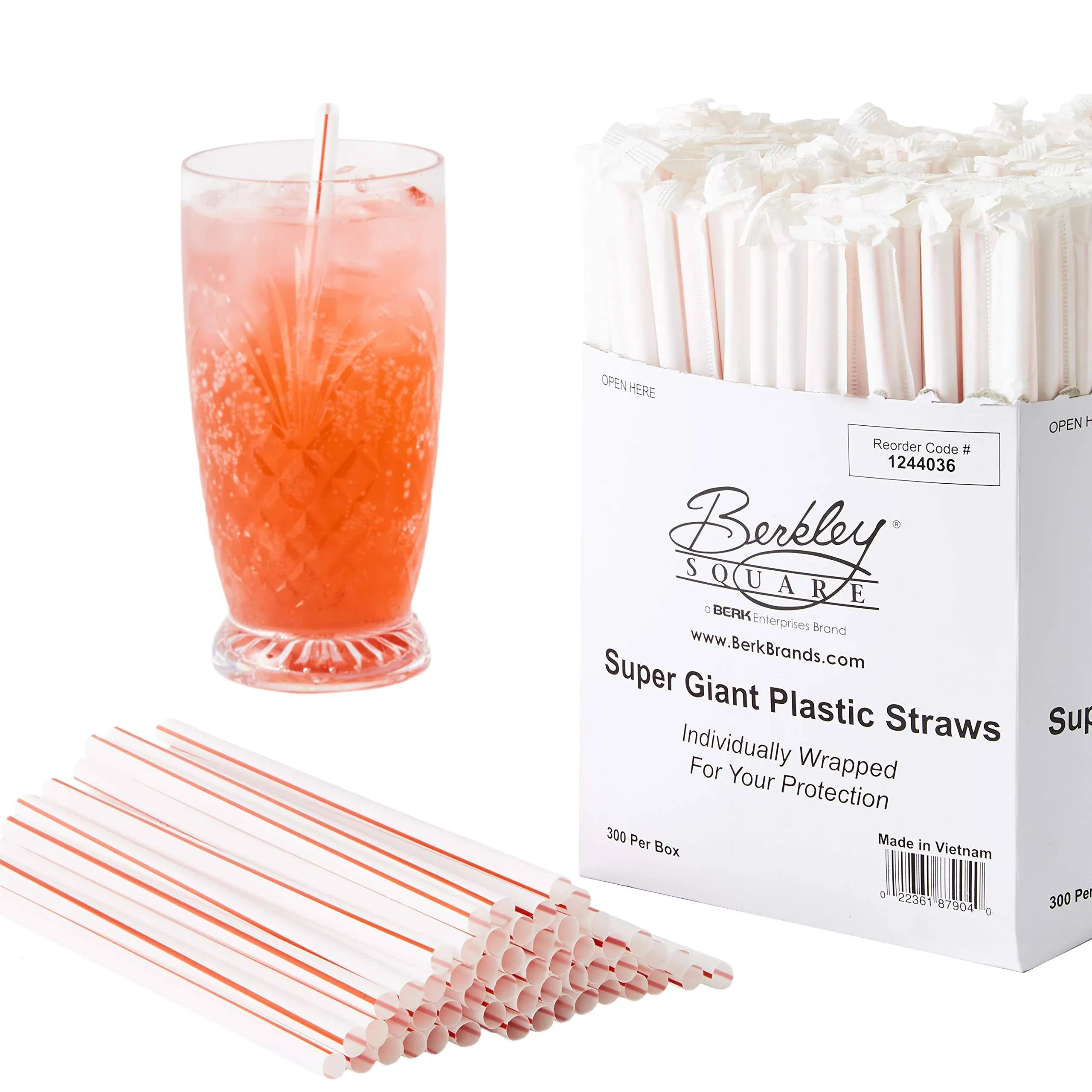 Avant Grub Retro, Extra Sturdy Sanitary Plastic Straws 300pk. BPA-Free, Individually Wrapped Red and White Striped Jumbo Disposable 7.75 inch Drinking Straw.