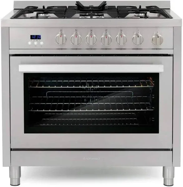 Cosmo 36 in. 3.8 cu. ft. Single Oven Gas Range with 5 Burner Cooktop and Heavy Duty Cast Iron Grates in Stainless Steel