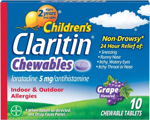 Children's Claritin Chewables Non-Drowsy Grape Flavored Allergy Relief Chewable Tablets 30 ct Box + 10 Bonus