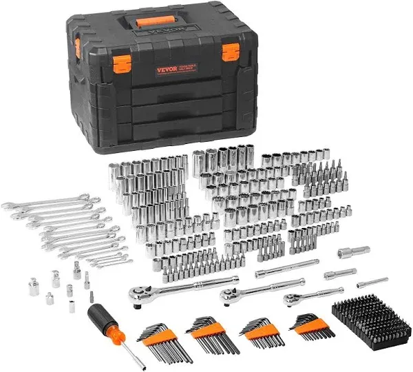 VEVOR Mechanics Tool Set and Socket Set 1/4" 3/8" 1/2" Drive Deep and Standard Sockets 450 Pcs Sae and Metric Mechanic Tool Kit with Bits Hex