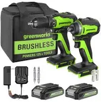 Greenworks 24V Max Cordless Brushless Drill + Impact Combo Kit, (2) 2.0Ah Batter