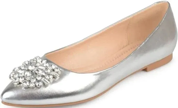 Brinley Co. Womens Faux Leather Pointed Toe Jewel Flats Silver, 7 Regular US