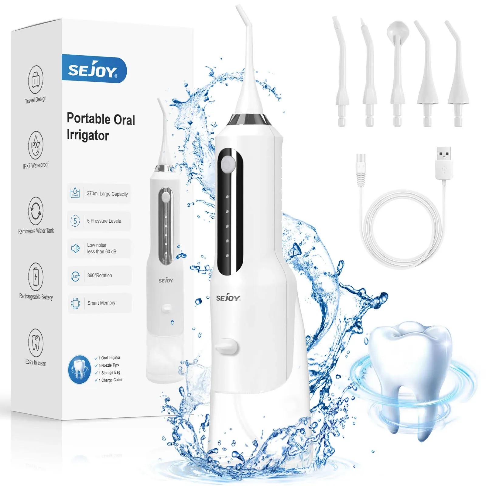 SEJOY Water Flosser Cordless Dental Oral Irrigator Teeth Braces Pick 5 Jet Tips