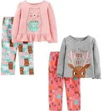 Girls and Toddlers&#039; 4-Piece Pajama Set (Cotton Top &amp; Fleece Bottom)