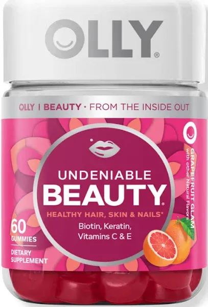 OLLY Undeniable Beauty Gummy, Supplement for Hair, Skin, Nails, Grapefruit,60 Ct