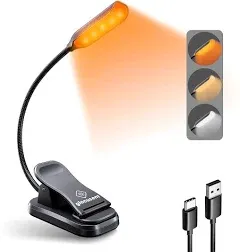 Glocusent Lightweight Rechargeable 10 LED Amber Book Light for Reading in Bed, Clip-On Reading Light in Black, 3 Brightness x 3 Colors