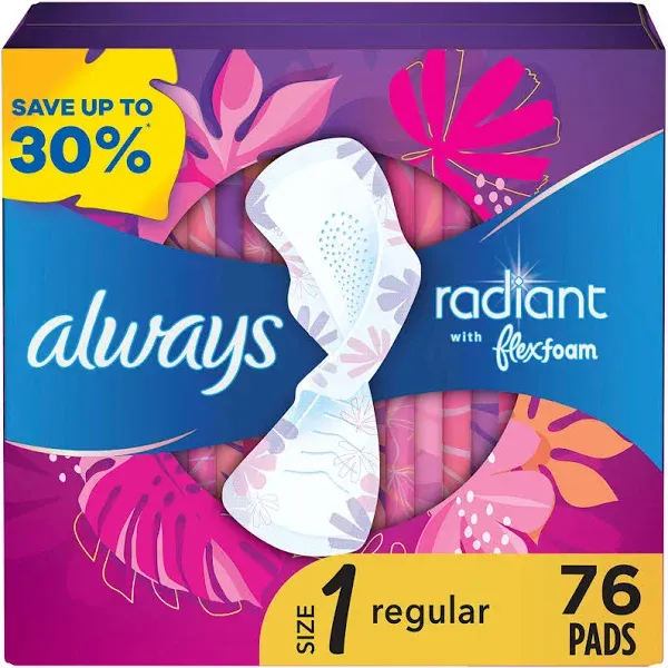 Always Radiant Pads, Size 1, Regular Absorbency, Scented, 76 Count (38 x 2) ✅