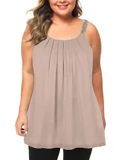 MANER Women&#039;s Plus Size Cami Casual Pleated Chiffon Tank Top with Beaded Strap