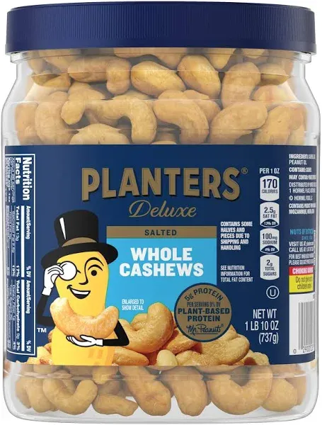 Deluxe Salted Whole Cashews, Party Snacks, Plant-Based Protein, Quick Snack for 