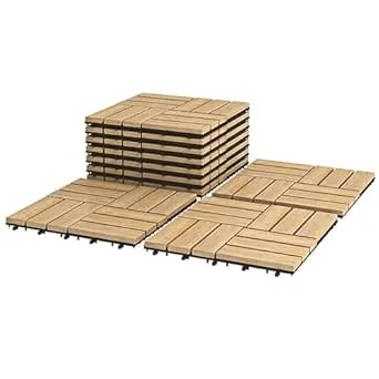 10pcs Interlocking Patio Deck Tiles, Hardwood Floor Tiles, Deck Tile with DIY Freedom, Solid Acacia, Superior Drainage, Versatile Design Ideal for Indoor and Outdoor Use 12x12 Inch