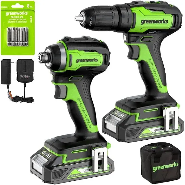 Greenworks 24V Brushless 1/2 inch Drill + 1/4 inch Impact Driver Combo Kit with Batteries and Charger