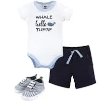 Hudson Baby Unisex Baby Cotton Bodysuit, Shorts and Shoe Set