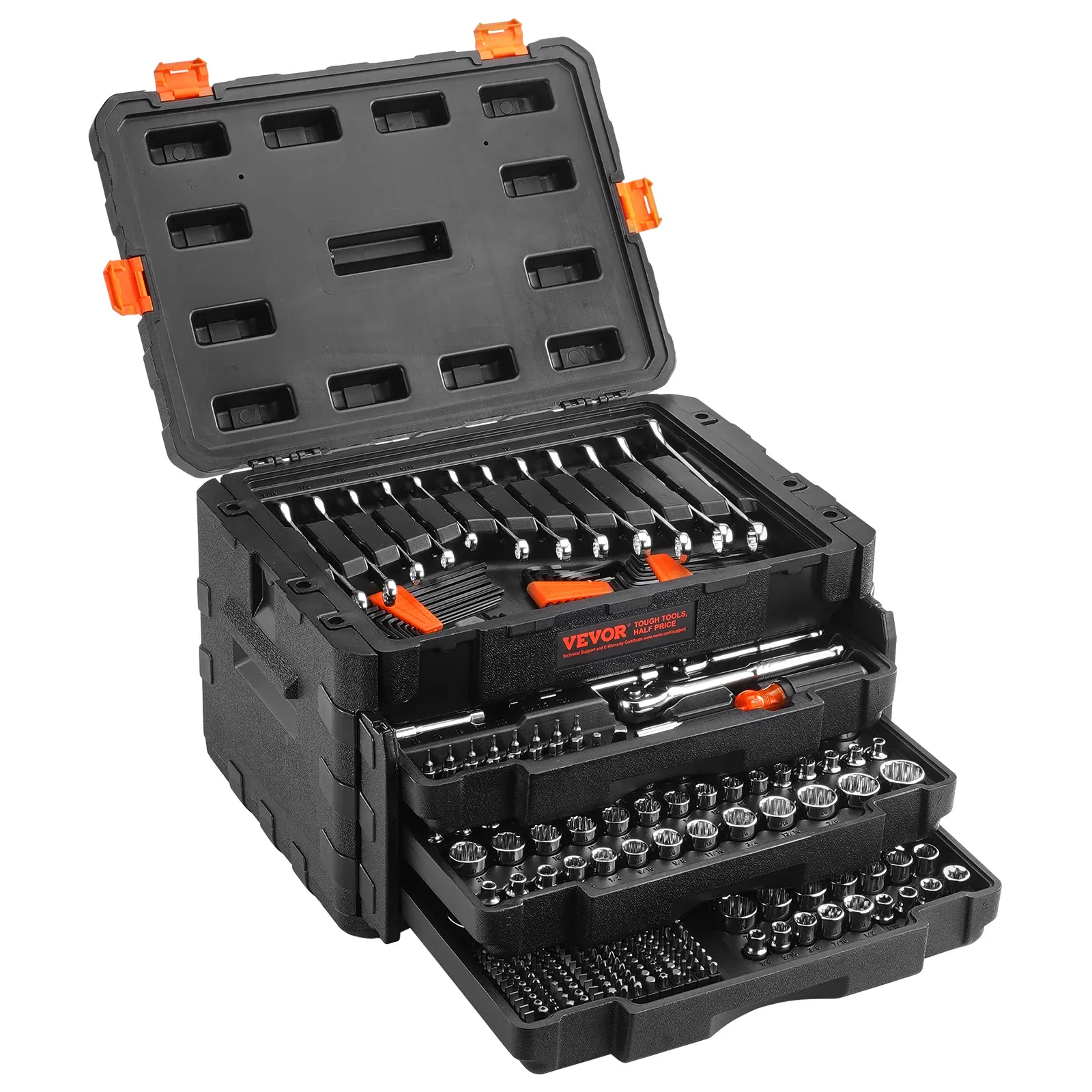 VEVOR Mechanics Tool Set and Socket Set, 1/4" 3/8" 1/2" Drive Deep and Standard Sockets, 450 Pcs SAE and Metric Mechanic Tool Kit with Bits