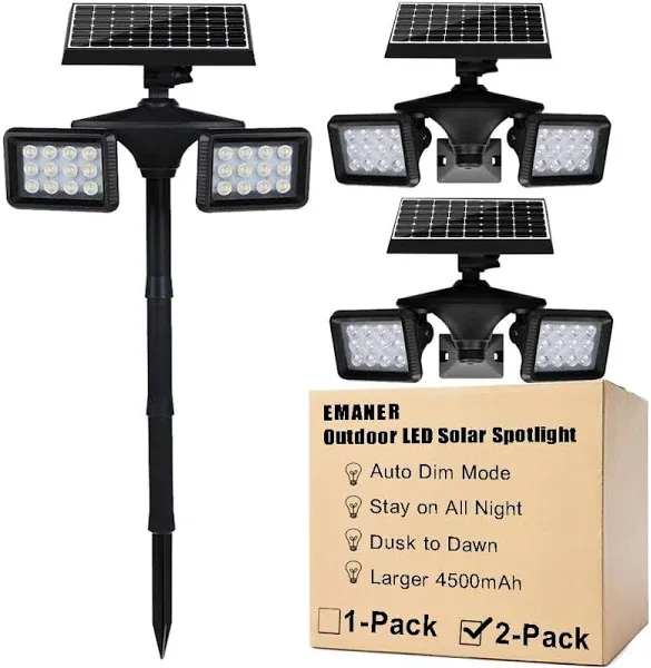 EMANER Solar Powered Flood Light 4500mAh, Dusk to Dawn Solar Flood & Security Lights with Motion Sensor, 100W Equiv. Outdoor Cordless Landscape Spotlight 6500K, Wall Mount/Stand in Ground, 2Pack