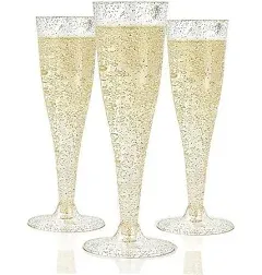 FOCUSLINE 100 Pack Plastic Champagne Flutes, 4.5 oz Gold Glitter Plastic Champagne Glasses, Disposable Clear Toasting Glasses Recyclable Plastic