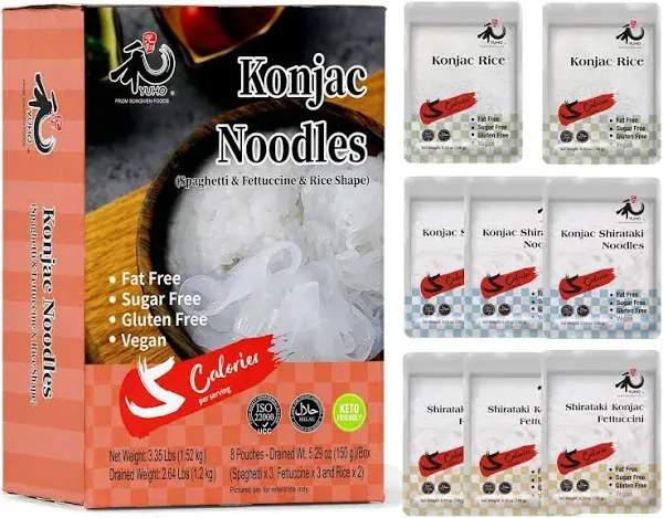 Yuho Shirataki Konjac Pasta and Rice Variety 8 Pack Inside, Vegan, Low Calorie Food, Gluten Free, Fat Free, Keto Friendly, Low Carbs, Healthy Diet