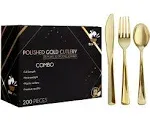 200pcs Premium Heavy-Duty Gold Plastic Silverware -Cutlery Set included- 100 Forks, 50 Spoons and 50 Knives - Solid Plasticware for Parties - Utensils