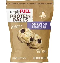 simplyFUEL Whole Food Protein Balls with Probiotics - Chocolate Chip Cookie Dough Protein Snacks - 8g Protein Snack - Gluten Free Energy Balls (1 Pack of 12 Balls)