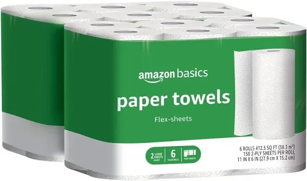 Amazon Basics 2-Ply Flex-Sheets Paper Towels, 6 Basics Rolls = 16 Regular Rolls, Everyday Value with 150 Sheets per Roll