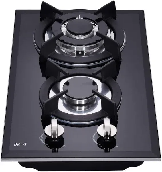 12 Inch Dual Fuel Gas Cooktop 2 Burners Tempered Glass Drop-In Gas Hob Black