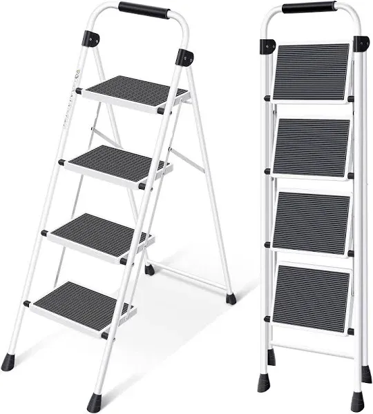 Red 4 Step Ladder with Anti-Slip and Wide Pedal Portable Foldable Handgrip