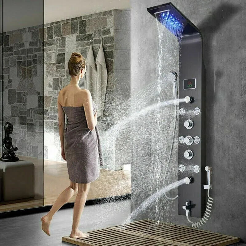 TVTIUO LED Stainless Steel Shower Panel Tower System Rainfall Head Massage Body Jets