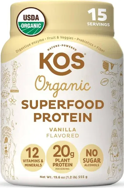 KOS Organic Plant Protein, Vanilla, 20g Protein, 15 Servings, Exp 01/26