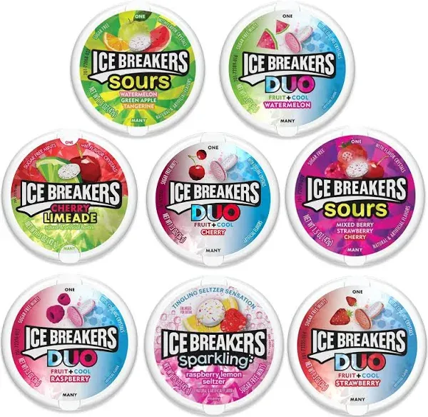 Ice Breakers Tins Variety Pack of 8 Flavors- Mixed Berry Sours, Duo Strawberry,