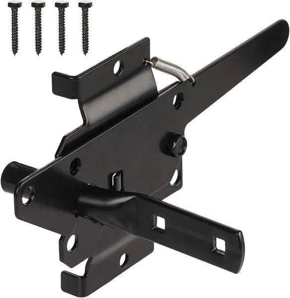 Heavy Duty Fence Self-Locking Gate Latch - Black Finishing Post Mount Steel Automatic Gravity Lever Wood Fence Gate Latches with Fasteners Hardware