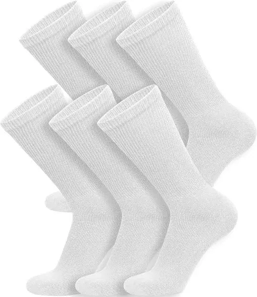 6 Pairs of Cotton Diabetic Non-Binding Neuropathy Crew Socks (White, Fits Mens Shoe Size 12-14.5)