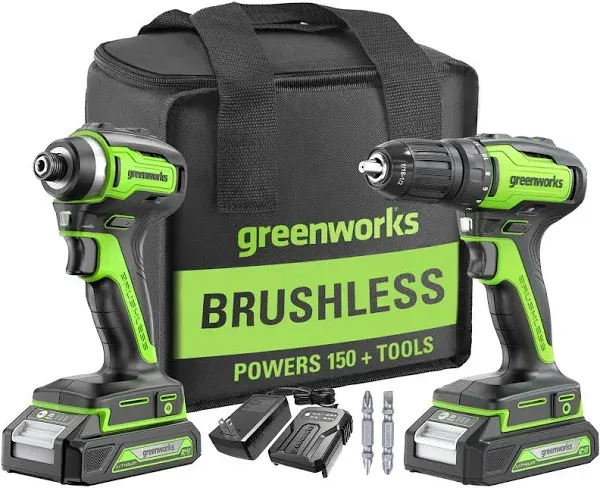 Greenworks 24V Brushless Cordless Drill and Impact Driver Power Tool Combo Kit