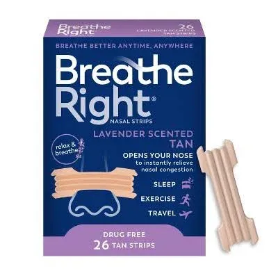 Breathe Right Calming Lavender Scented Drug-Free Nasal Strips for Nasal Congestion Relief, 4 Packages (26 count)