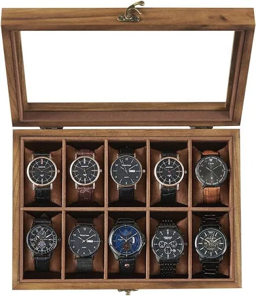 SONGMICS Wood Watch Box with Glass Lid Rustic Walnut / 10 Slot