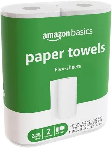 Amazon Basics 2-Ply Flex-Sheets Paper Towels, 12 Basics Rolls = 32 Regular Rolls, Everyday Value with 150 Sheets per Roll