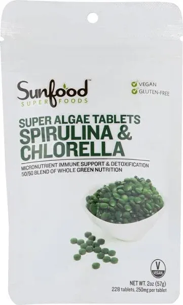 Sunfood Superfoods 250 Mg Spirulina & Chlorella Super Algae Tablets (2 oz, 228 ct)