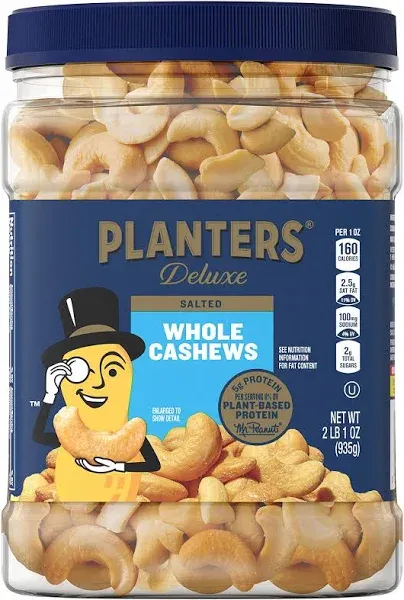 Deluxe Salted Whole Cashews, 33 Oz Container, Kosher, Party Snacks