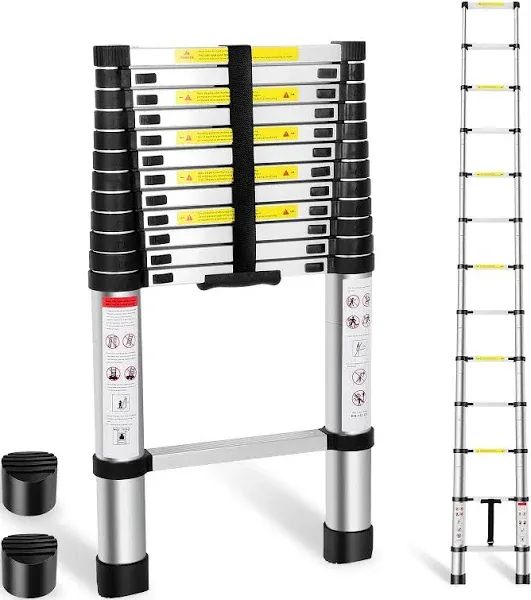 Telescoping Ladder, 12.5 FT Aluminum Extension Ladder, Heavy Duty 330lbs Max Capacity,Folding Compact Portable Anti-Slip Ladder for RV or Outdoor Work