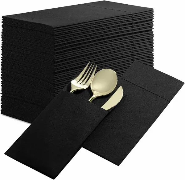 BloominGoods Disposable Linen-Feel Dinner Napkins with Built-in Flatware Pocket, 50-Pack Black Prefolded Cloth Like Paper Napkins for Dinner, Wedding