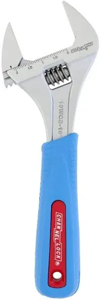 Channellock 10WCB 10-inch CODE BLUE WideAzz Adjustable Wrench 2-inch Wide Mouth Jaw Capacity Precise Jaw Design Grips In Tight Spaces Measurement