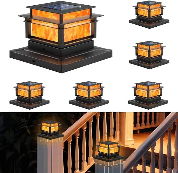 6Pack Solar Post Lights Outdoor, Flickering Flame Fence Solar Post Lights, Waterproof Solar Post Cap Lights, Fits 4x4 5x5 6x6 Vinyl/Wooden Posts, Deck Post Lights Solar Powered, Post Lamp for Outside