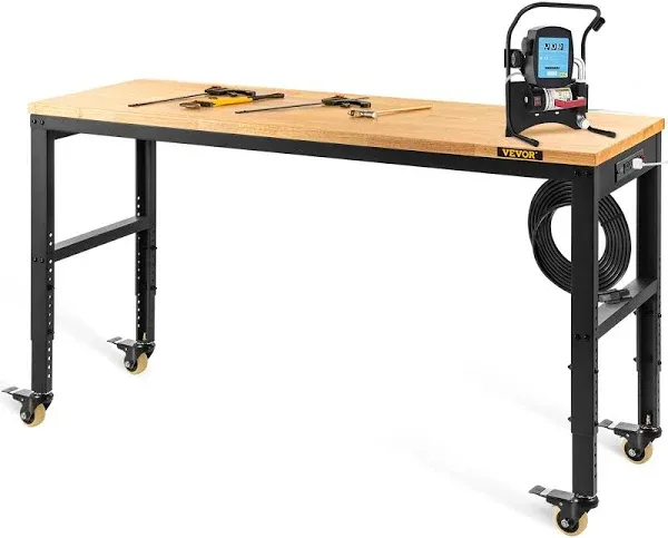 Adjustable Height Workbench with 2000 LBS Load Capacity, Power Outlets, Hardwood Top & Metal Frame - Ideal for Garage, Office, and Home