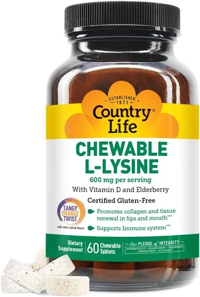 Country Life Chewable L-Lysine Supplement with Vitamin D and Elderberry, Immune Support and Collagen Renewal for Skin Tissue, Ideal for Adults