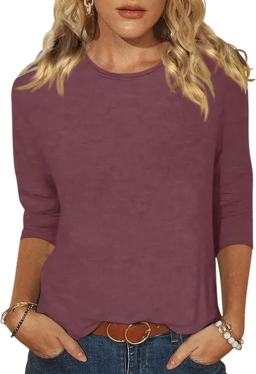 EADINVE Women's Casual 3/4 Sleeve T-Shirts Round Neck Cute Tunic Tops Basic Tees Blouses Loose Fit Pullover