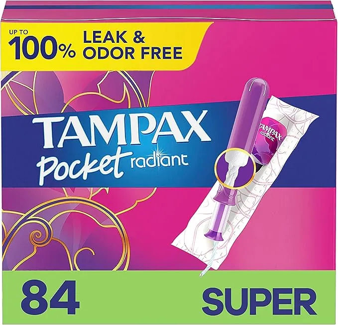 Tampax Pocket Radiant Compact Plastic Tampons, with LeakGuard Braid, Super Absorbency, Unscented, 28 Count